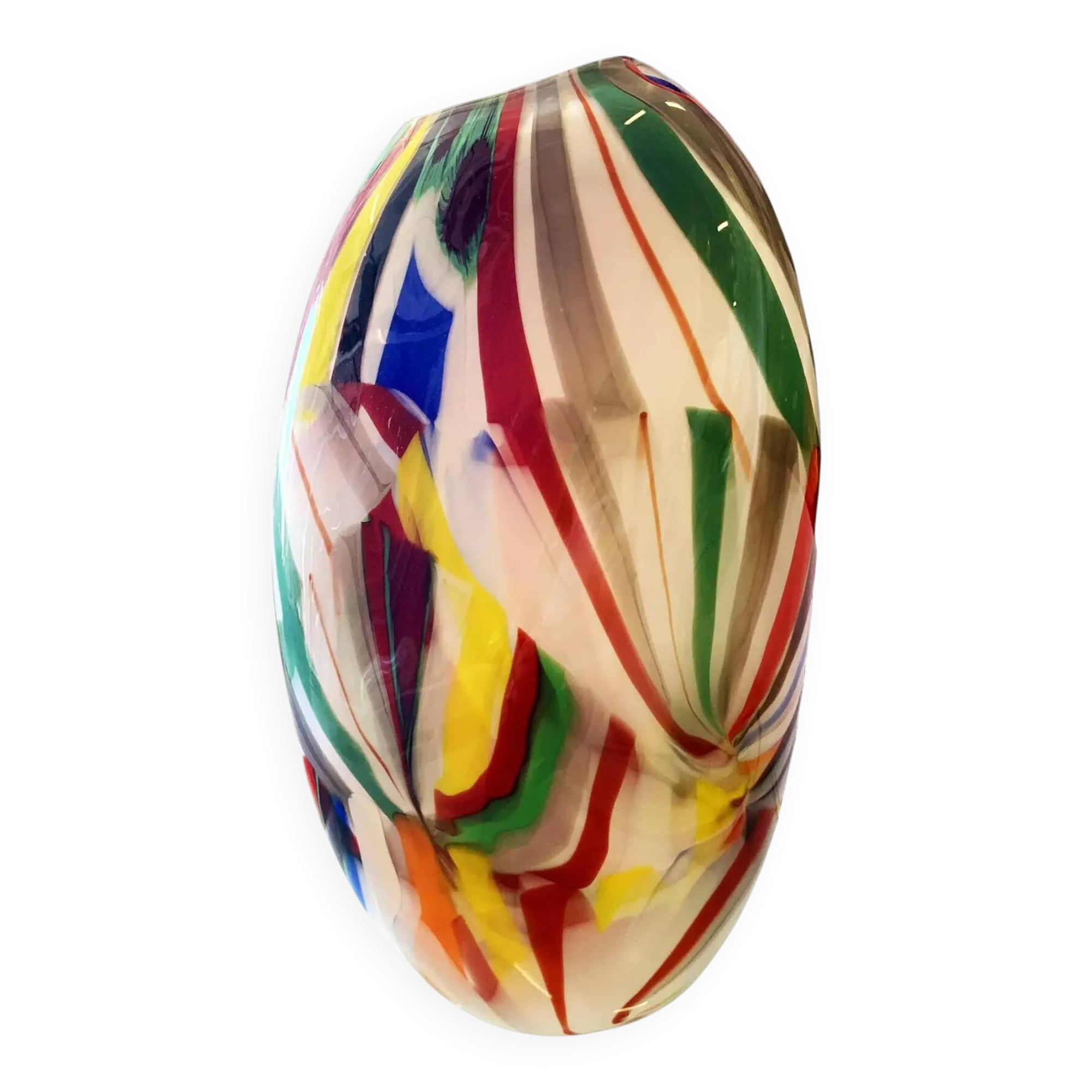 Abstract vase in milky-white Murano-inspired glass with multicoloured reeds.