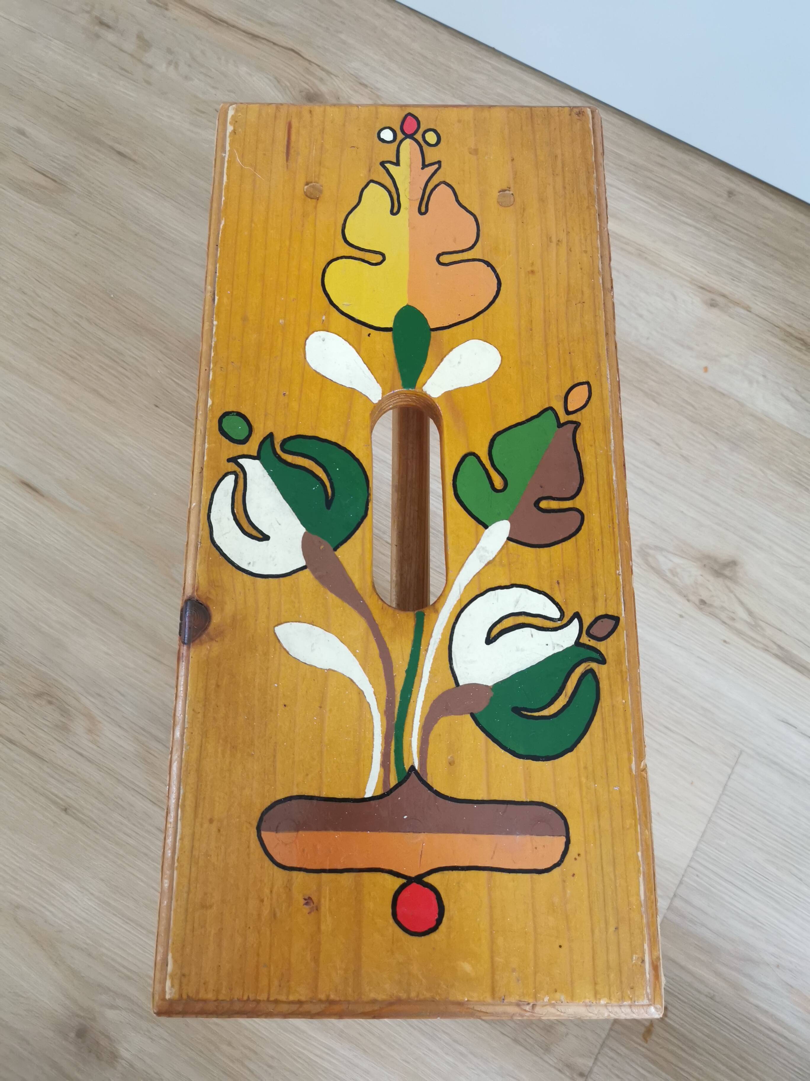 Vintage Hand-Painted Wooden Footstool: Yugoslavian Folk Art Decor
