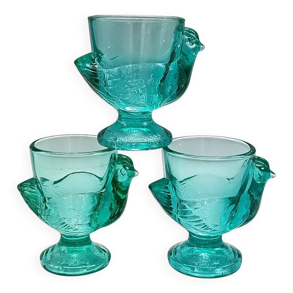 3 coquetiers français vintage verre turquoise forme poule luminarc