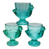3 vintage french egg cups, turquoise glass, hen shape, luminarc