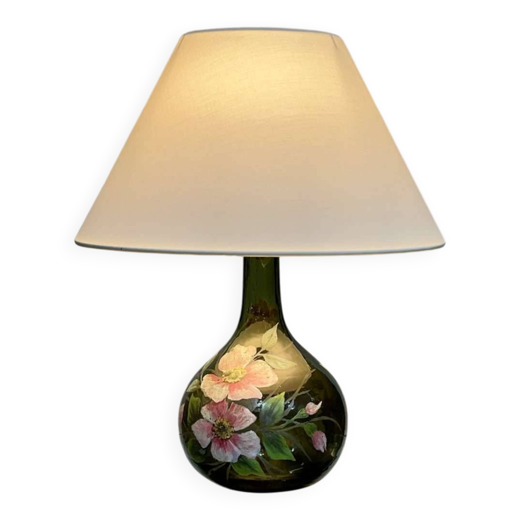 Blown glass lamp painted with a floral design, early 20th century.