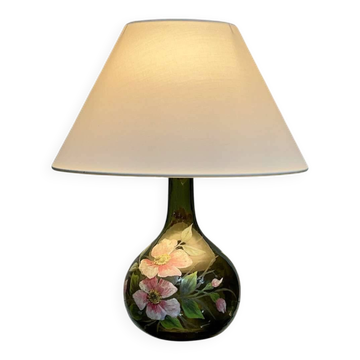 Blown glass lamp painted with a floral design, early 20th century.