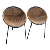 Paire de fauteuils rotin et acier  seventies