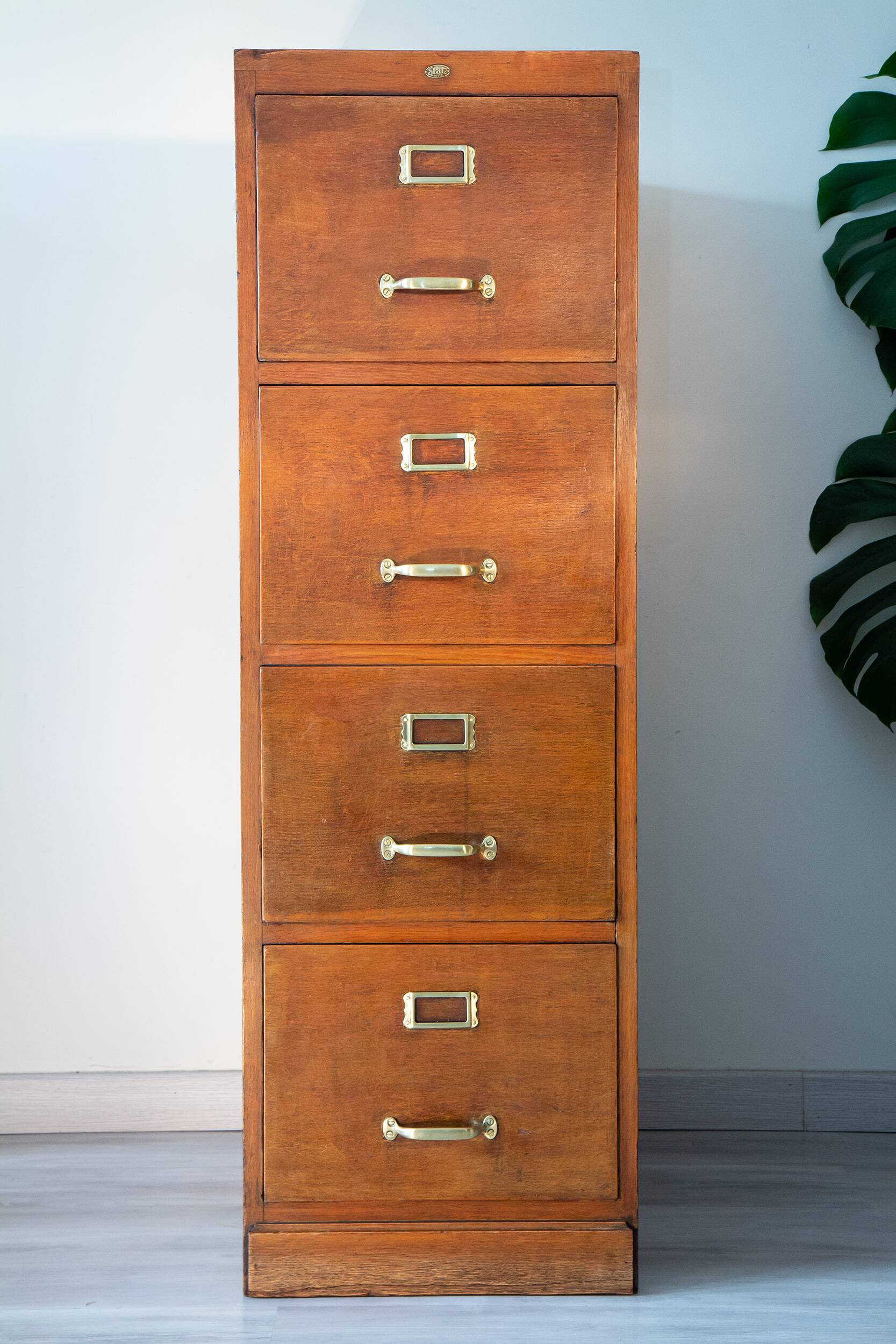Old file cabinet, oak and brass, early 20th century