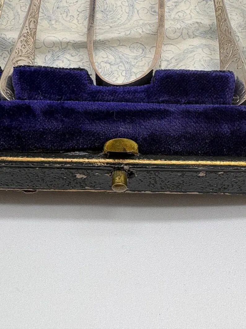 Service of 12 silver-plated metal coffee spoons with tongs and box from around 1900.