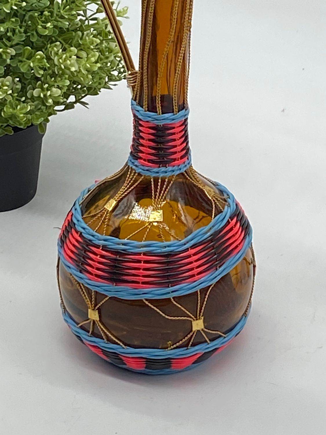 Bottle, carafe, lady Jeanne, scoubidou , vintage, plastic thread ,