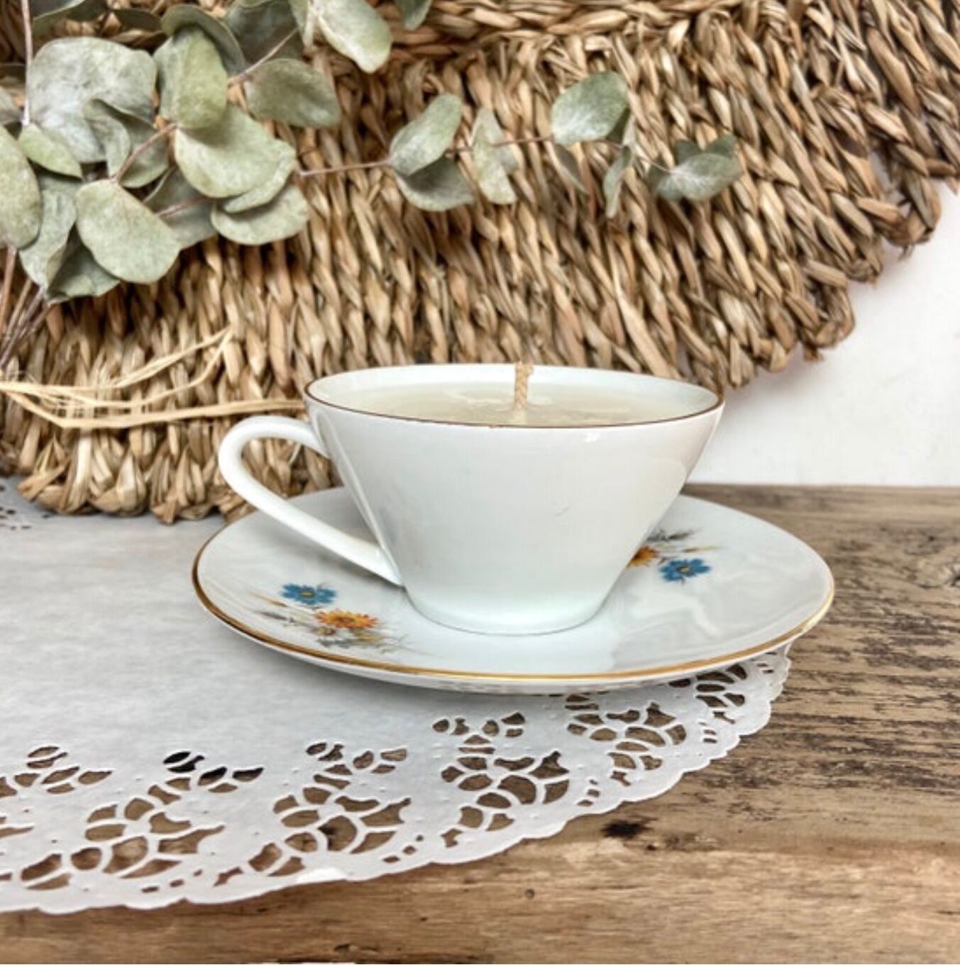 Natural soy wax candle and porcelain cup