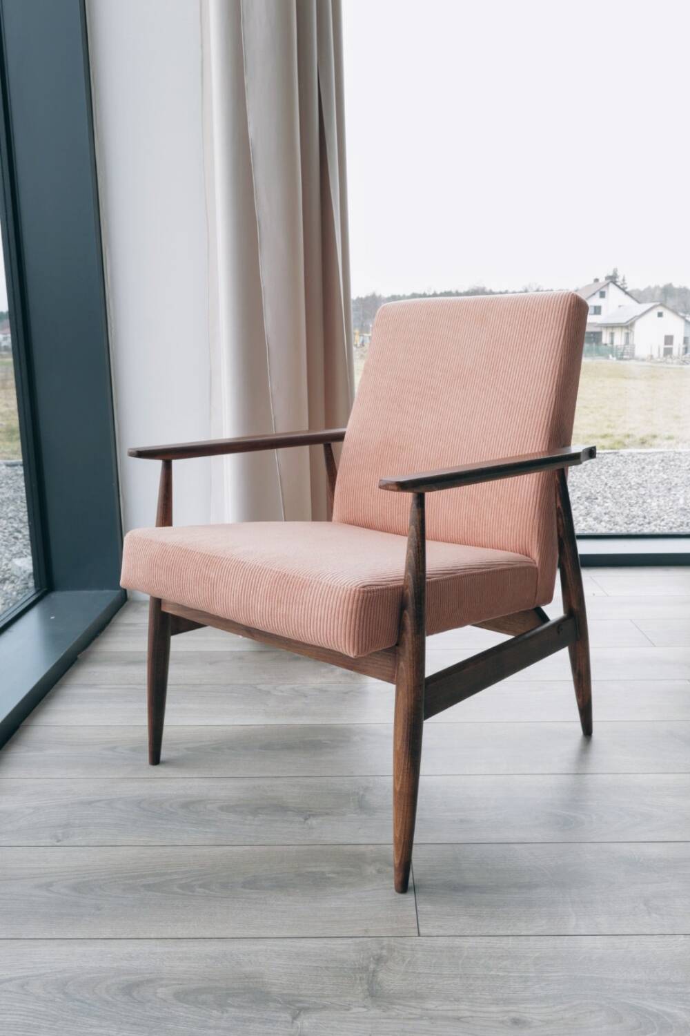 Scandinavian Lounge Chair Light Coral Pink Corduroy Classic Design