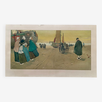 Fishermen on the beach in Zeeland - chromolithograph