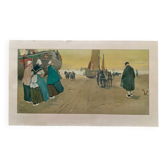 Fishermen on the beach in Zeeland - chromolithograph