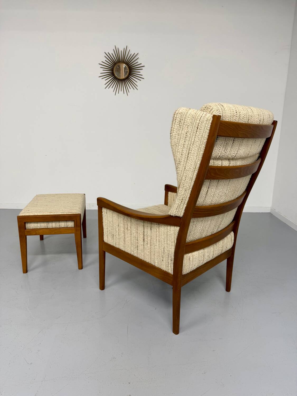 Vintage Casala wingback armchair with ottoman, 1970s design