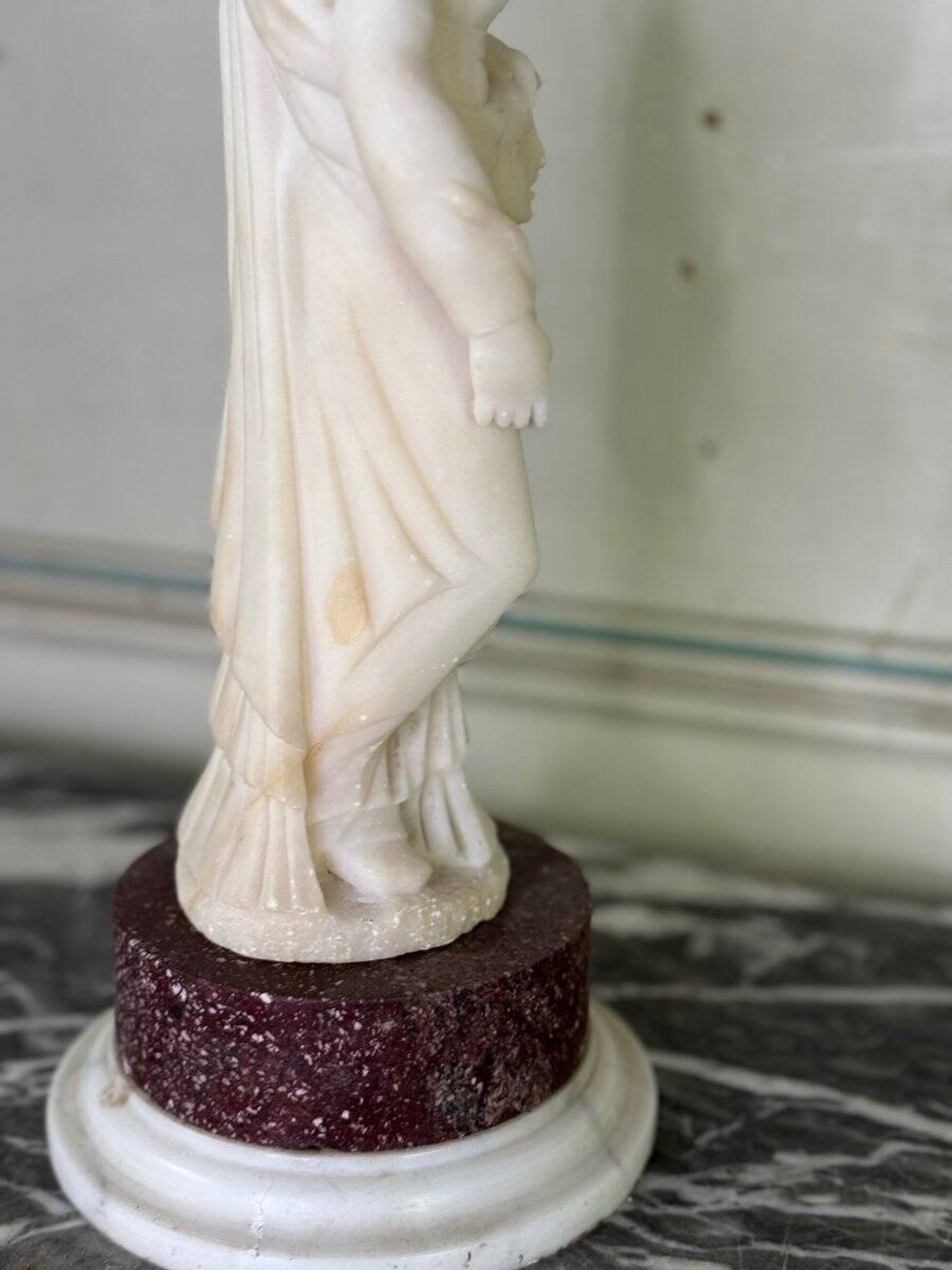 Alabaster sculpture, lady with a mask in the antique style, 19th century
