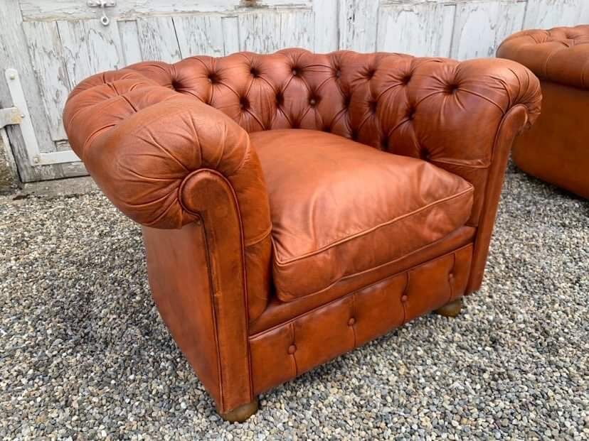 Salon canape and 2 chesterfield armchairs in vintage cognac leather from the 1970s