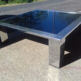 Coffee table square in chromed steel and mirror blue around 1970