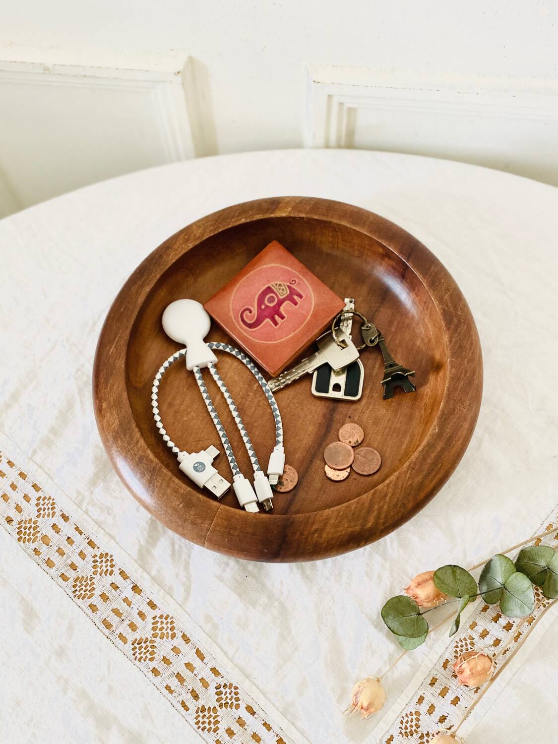 Empty round hollow flat bowl pocket in teak wood