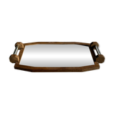 Plateau miroir style Art déco en chêne à pans coupés et poignées chromées