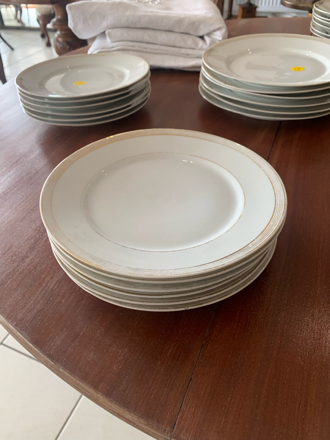 Lot of six soup plates, old, crockery, white, gilded