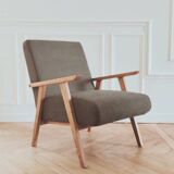 Renovated armchair, Scandinavian style in wood and green fabric.