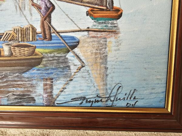 Tableau Huile sur toile Port de pêche en Afrique signé Raymond Lafaille