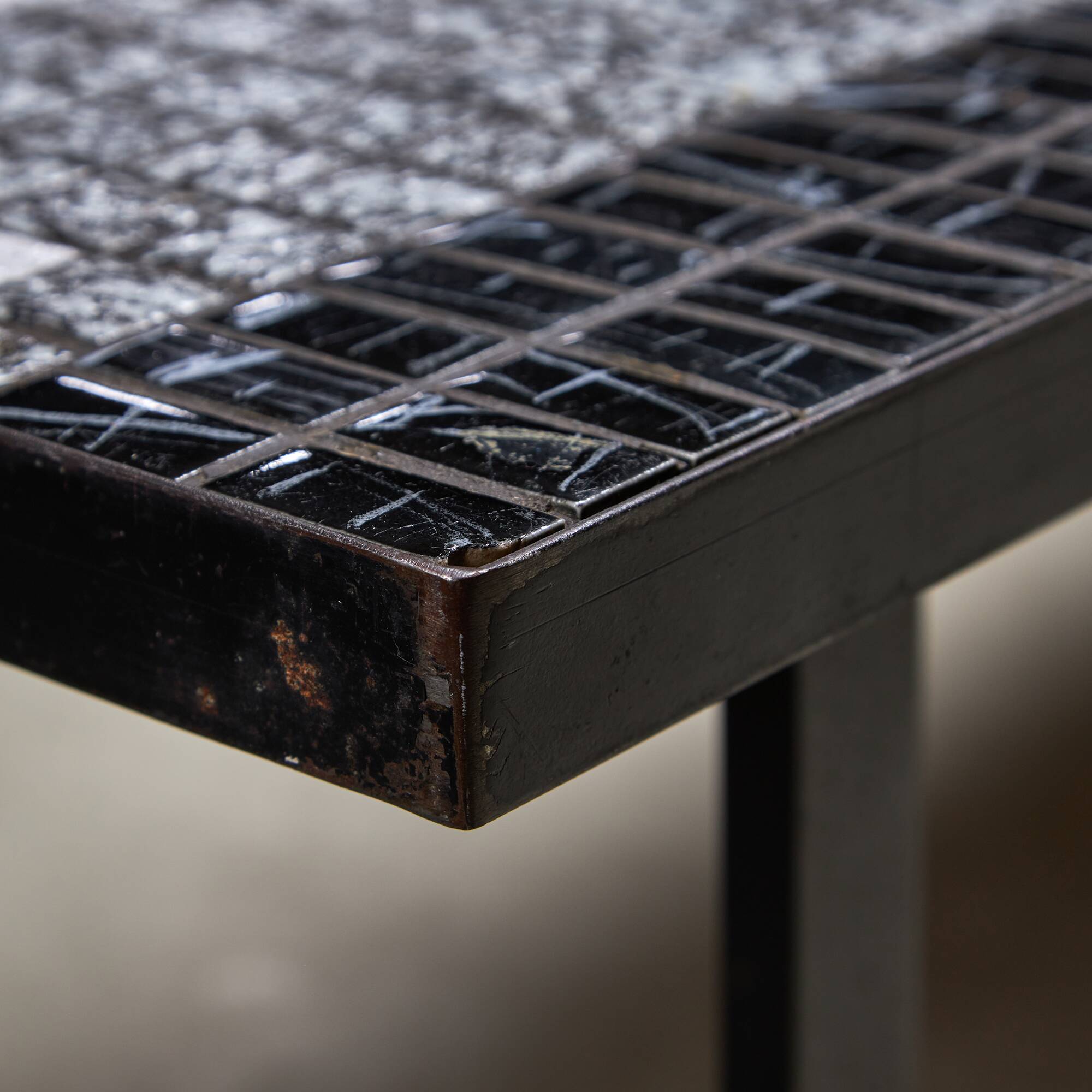 Italian Coffee Table on Flat Metal Frame with Black and White Mosaic Top, 1980s