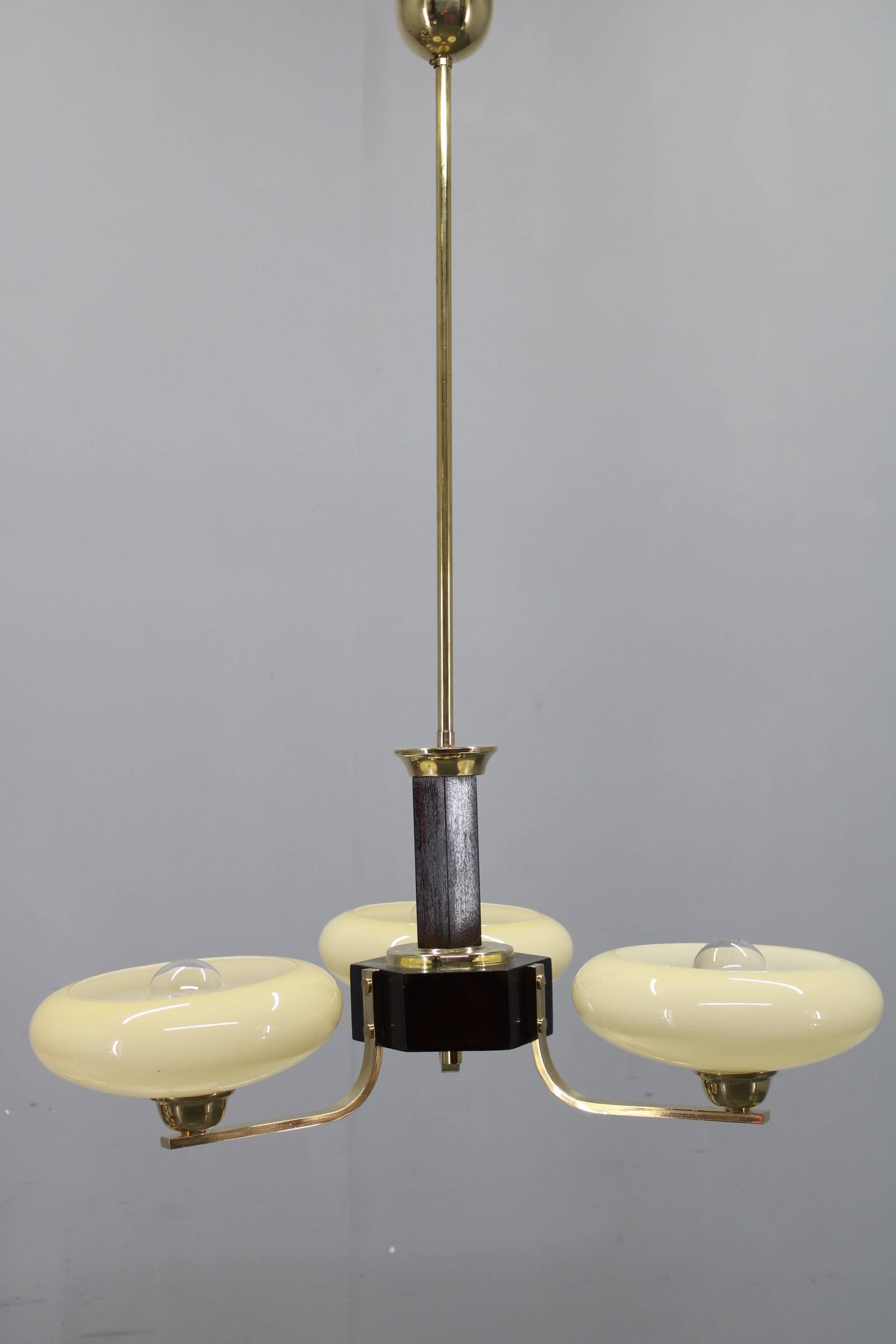 Art Deco brass and wood chandelier with champagne glass, Czechoslovakia 1930s