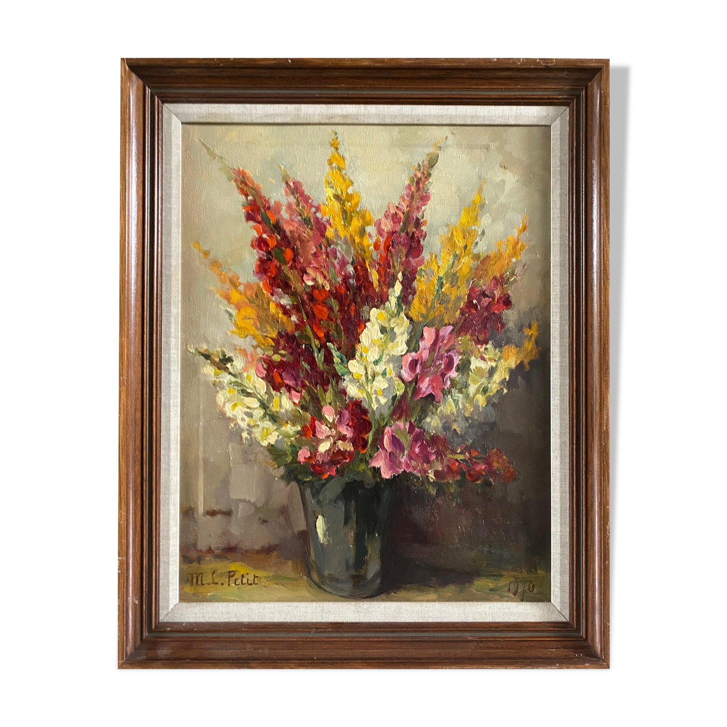 Hst painting of 1970 : "bouquet of muffliers flowers" signed m. l. petit