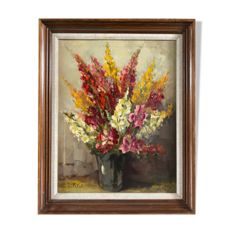 Hst painting of 1970 : "bouquet of muffliers flowers" signed m. l. petit