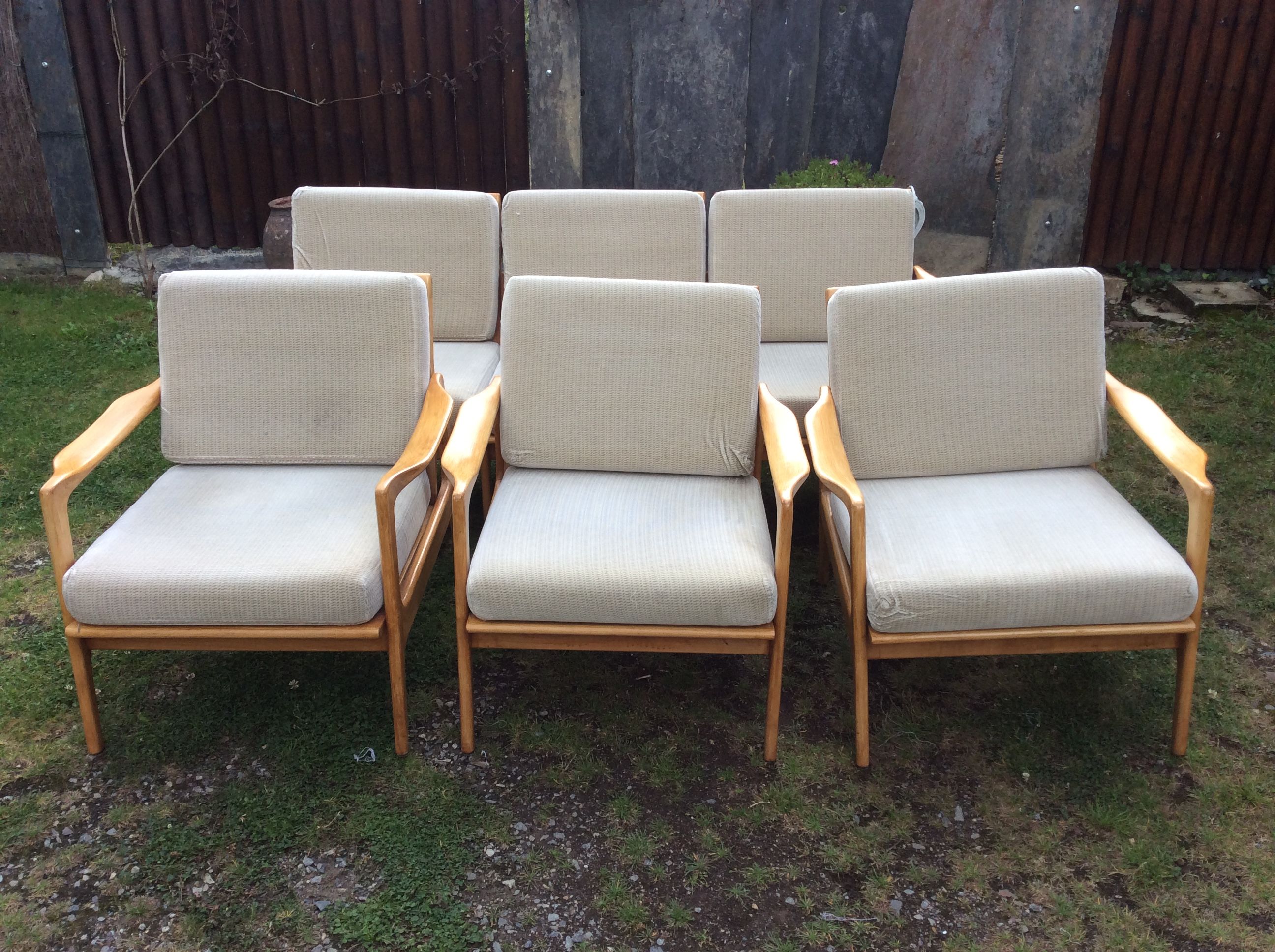 Vintage Scandinavian bench and armchairs of 4 pieces, 1 bench and 3 armchairs.