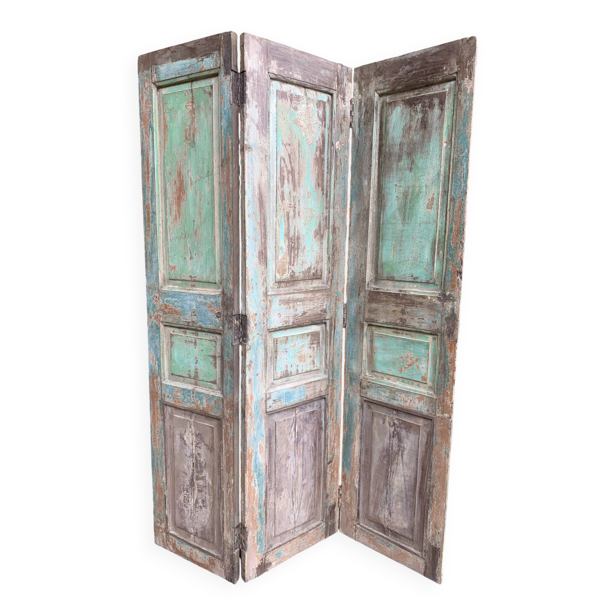 Three-leaf screen, salvaged from an Indian home, green, blue and natural patina