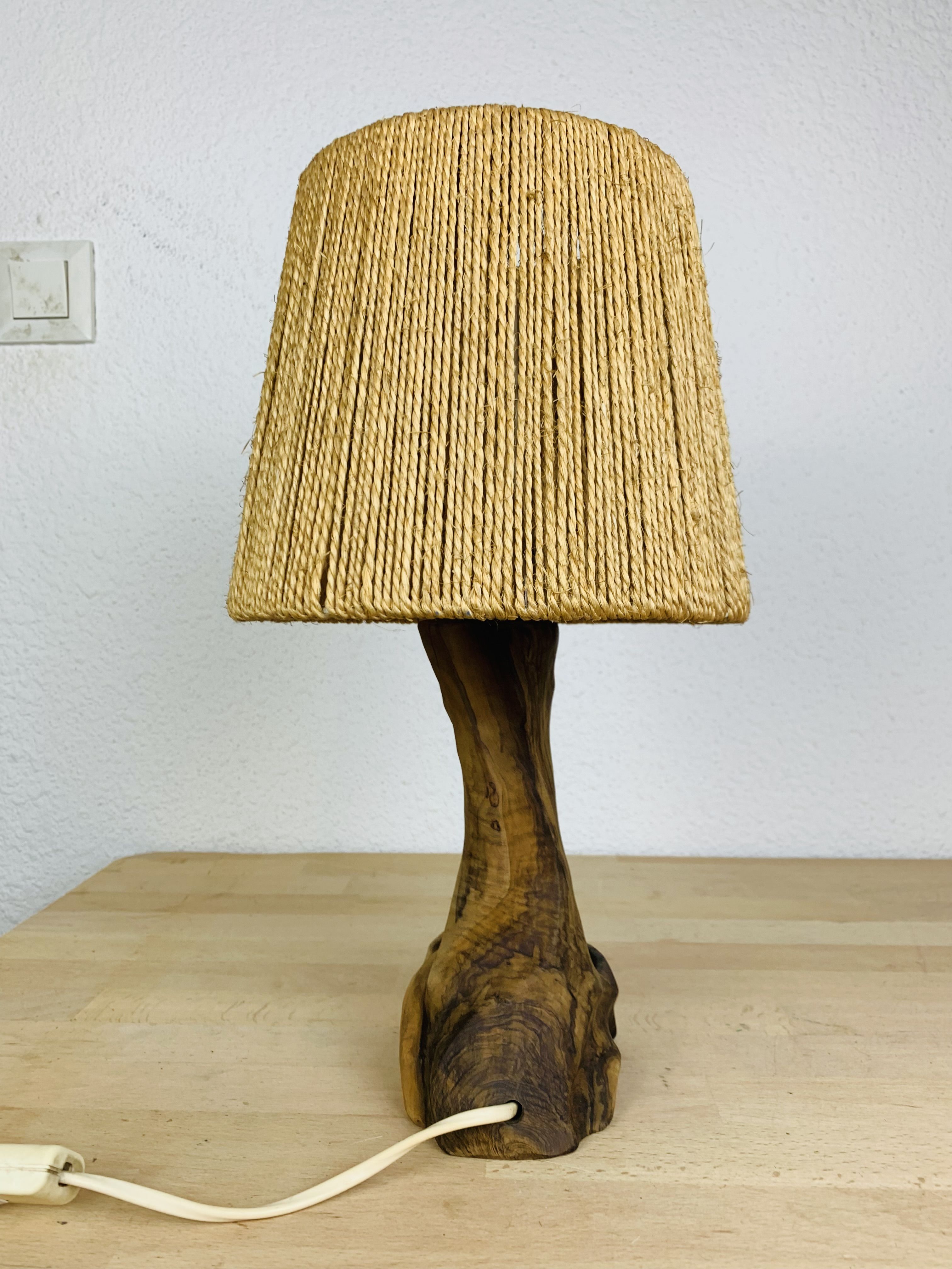 Brutalist lamp olive wood and organic style rope
