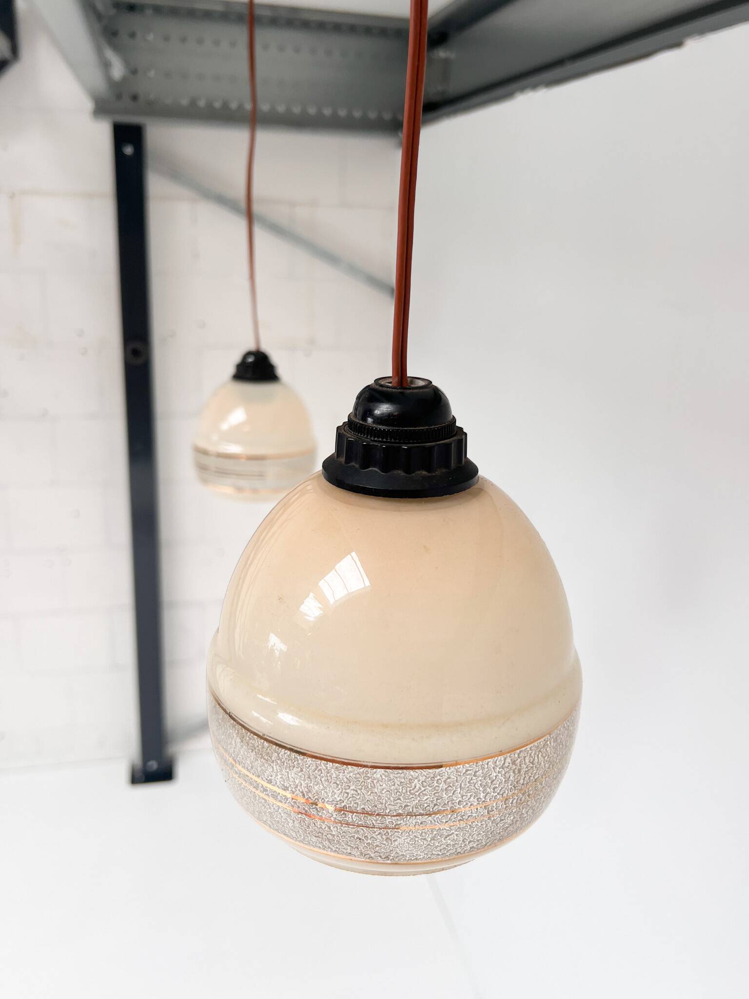 Set of 2 beige with gold colored ceiling lamps, 1960s