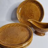 Service à poissons en faïence de gien, 6 assiettes et une saucière, 25 cm