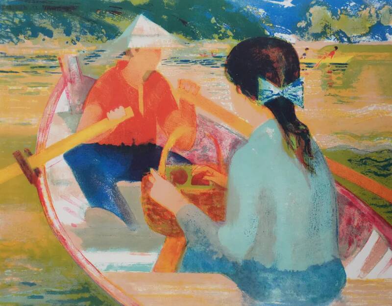 Paul COLLOMB : Barques au bois de Boulogne, lithographie originale signée