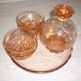 Service à liqueur art déco en verre transparent rose avec bouchon