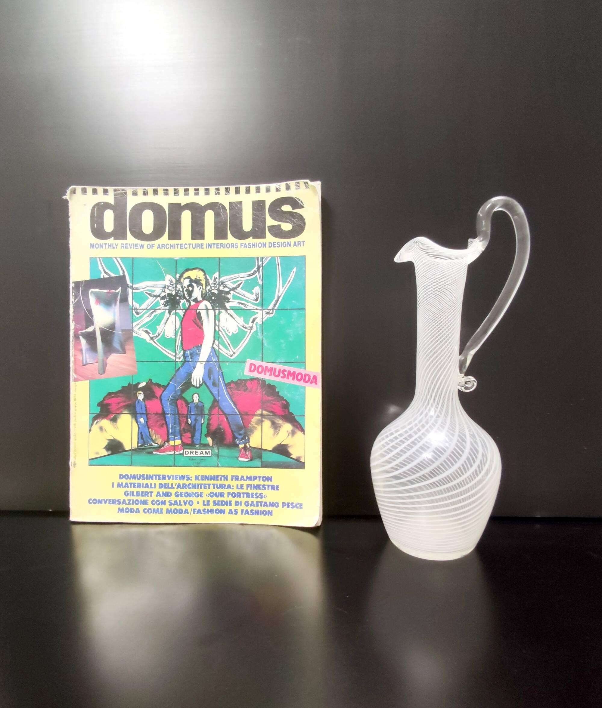 Murano Glass Pitcher Vase with White and Transparent Canes, Italy