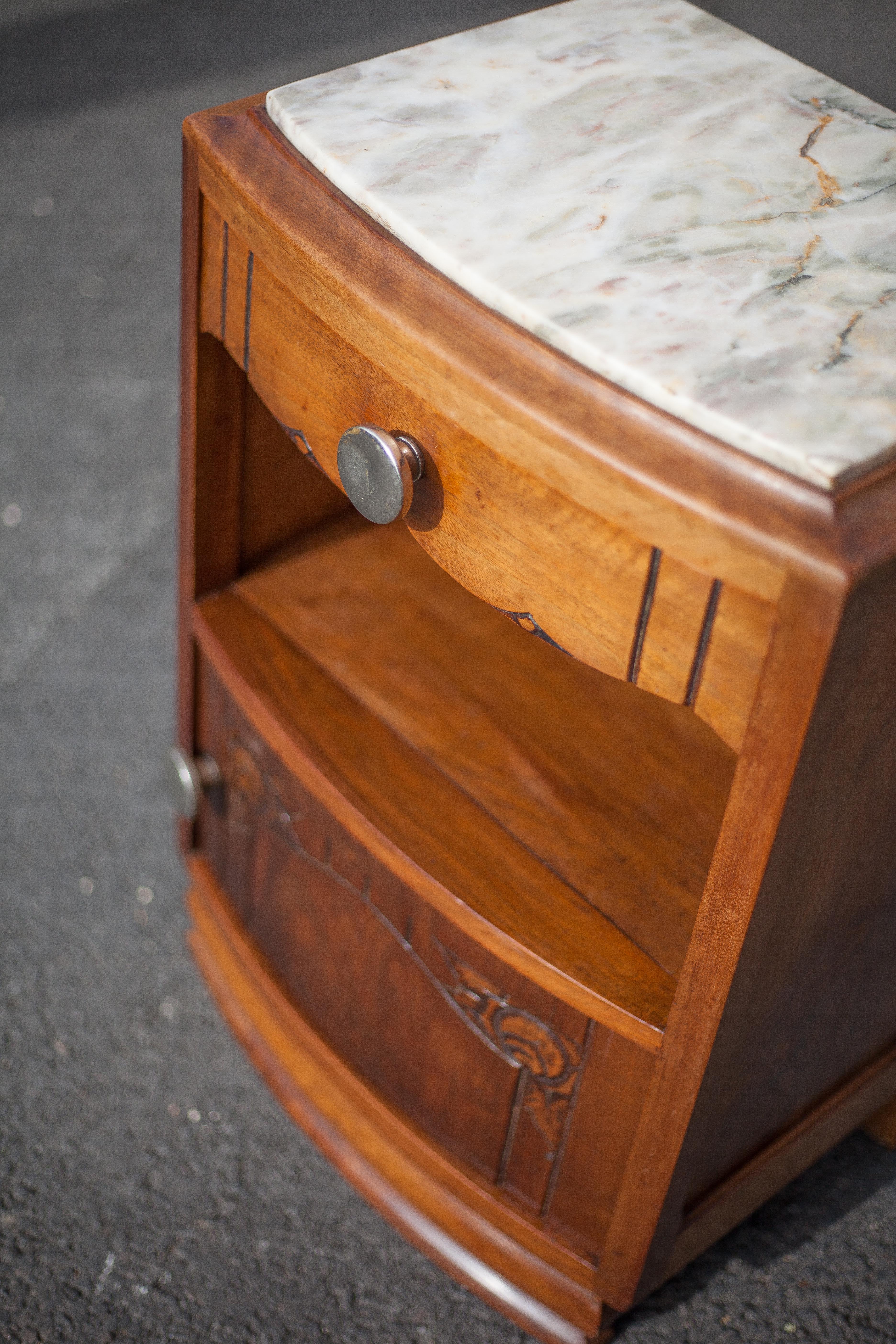 Bedside table, wooden nightstand with marble plate, art deco furniture, vintage furniture