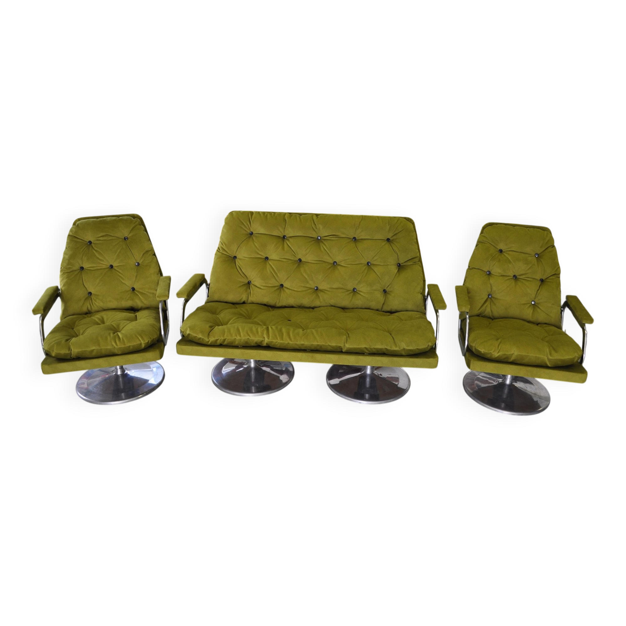 1960s sofa set with 2 seats and 2 armchairs in chartreuse fabric, original metal legs.