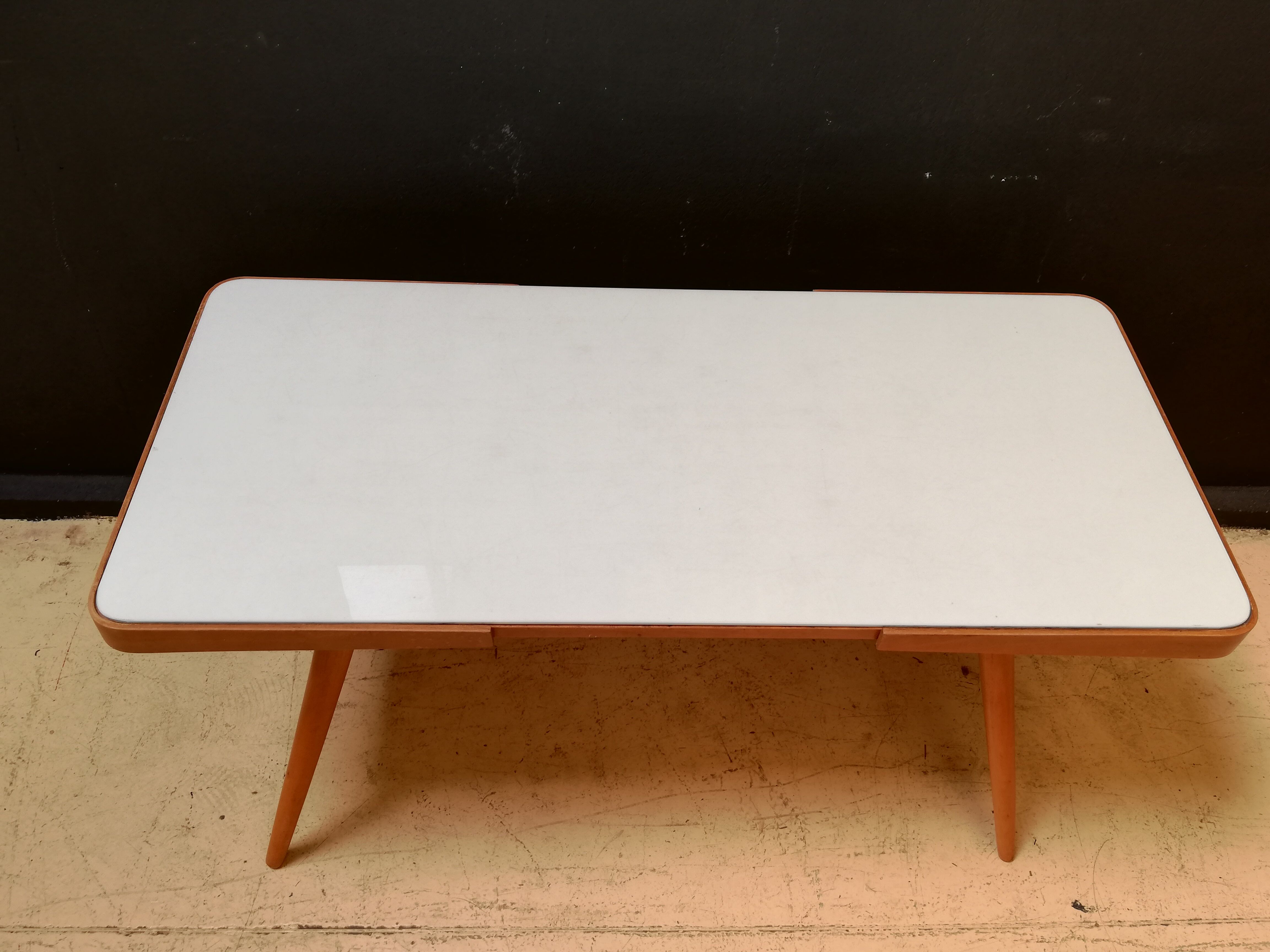 Wooden coffee table, children's desk glass top, interier praha, 1960, Czechoslovakia