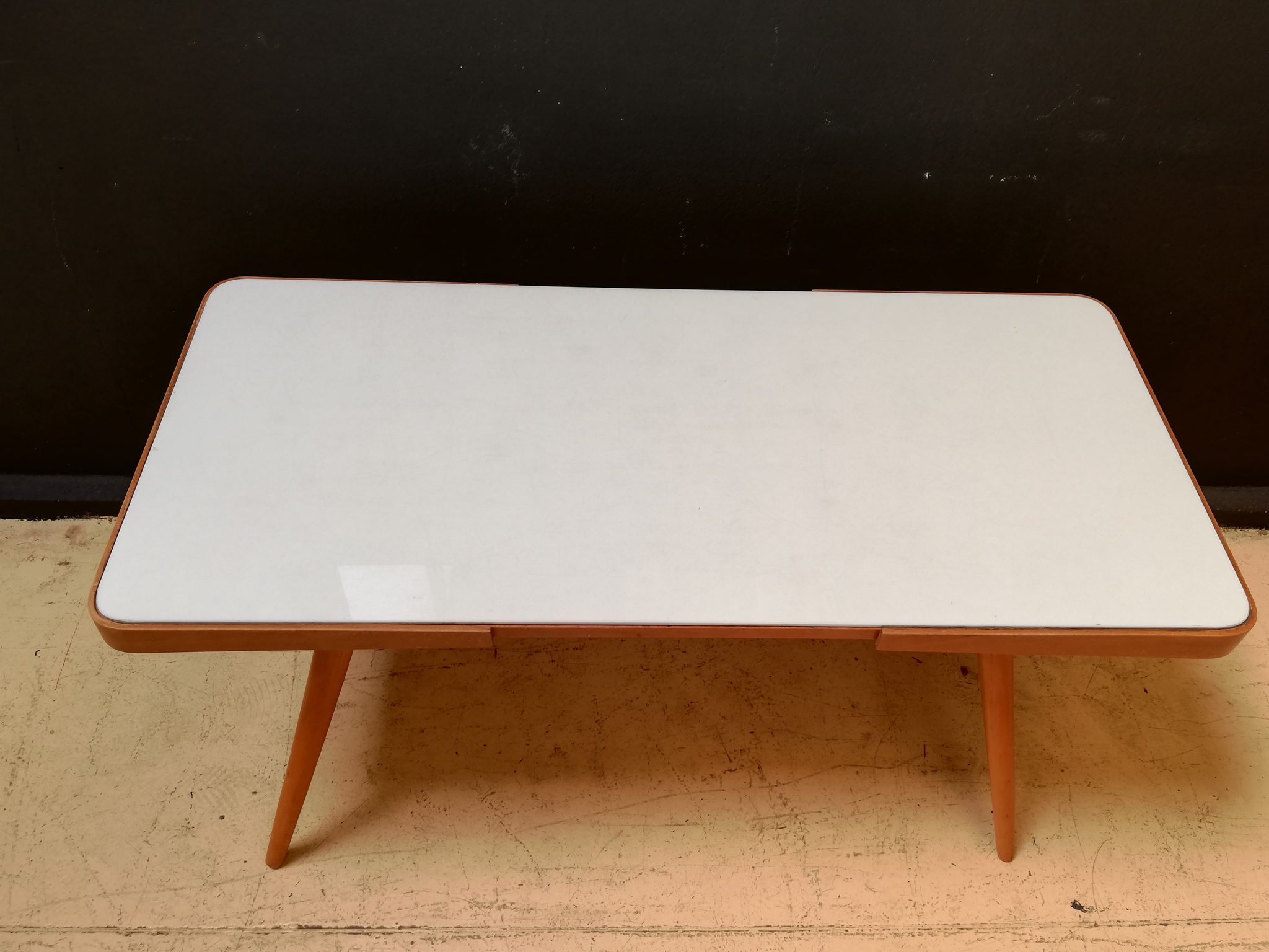 Wooden coffee table, children's desk glass top, interier praha, 1960, Czechoslovakia