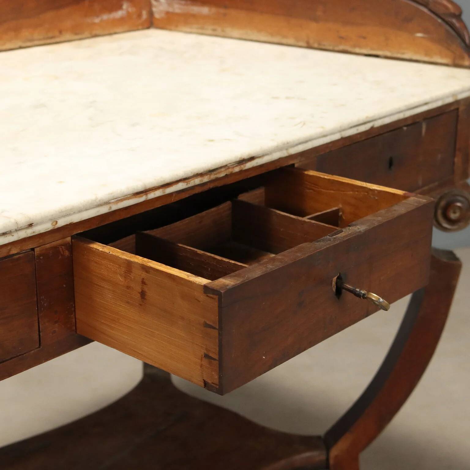 Ancient Empire desk in walnut with marble top, Italy, 19th century.