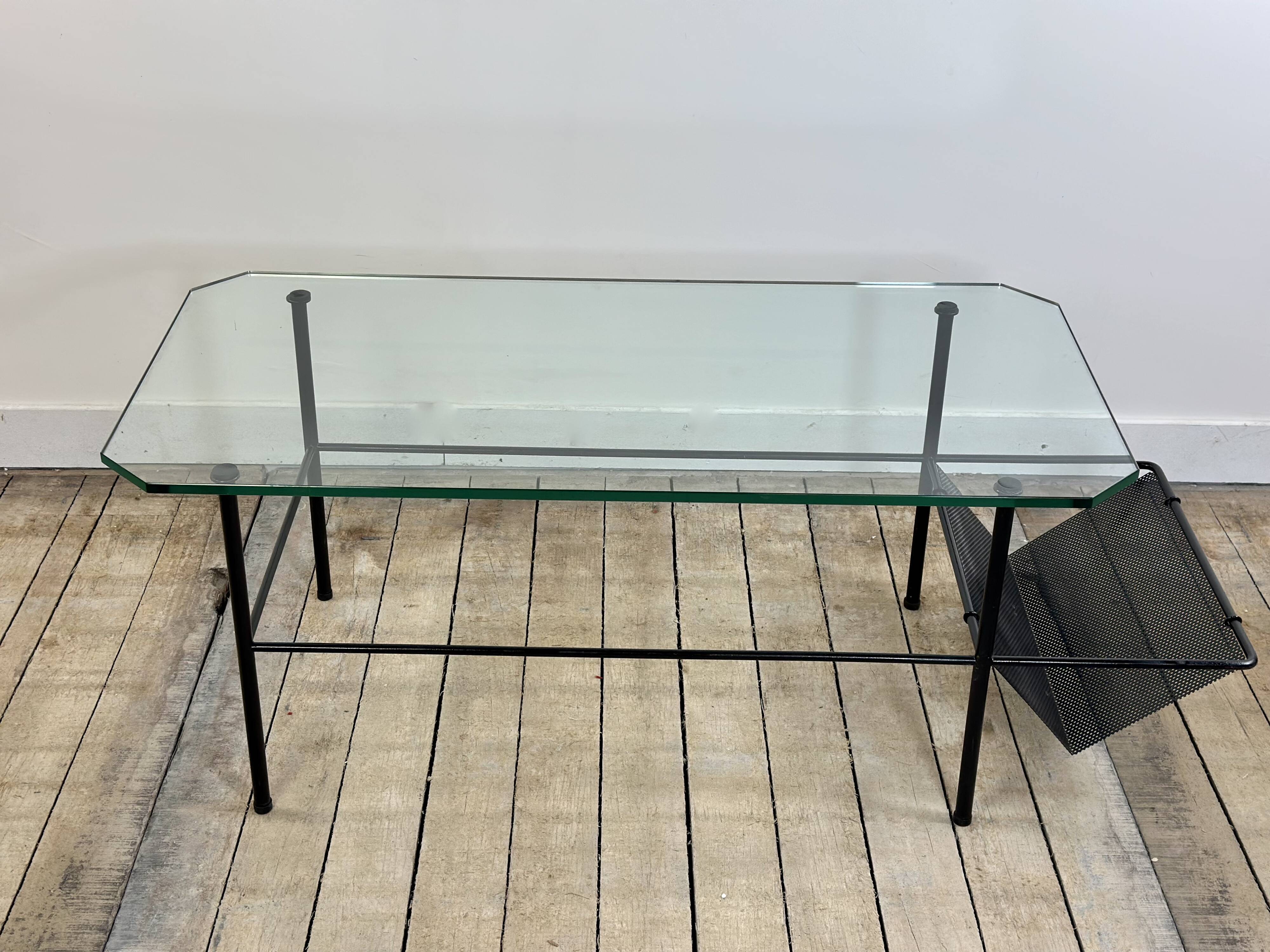 Metal and glass coffee table gérard guermomprez 1956