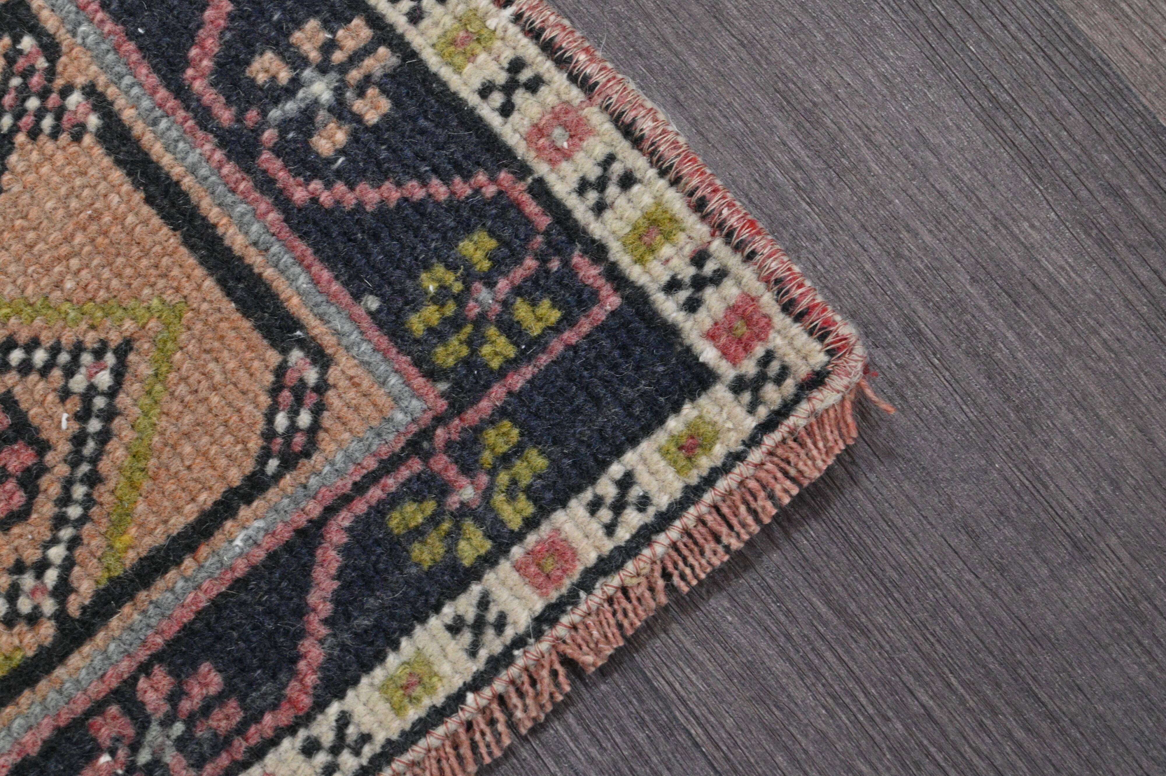 Vintage Turkish rug 134x240 cm, pink and navy blue tones, handmade wool