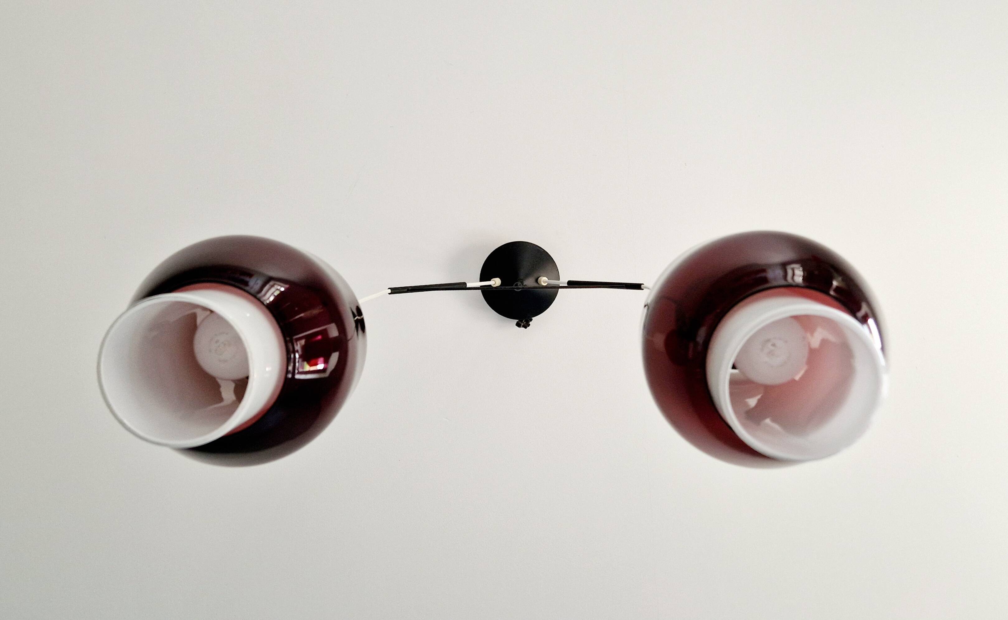 Scandinavian double pendant light in white opaline and amethyst glass, 1960s