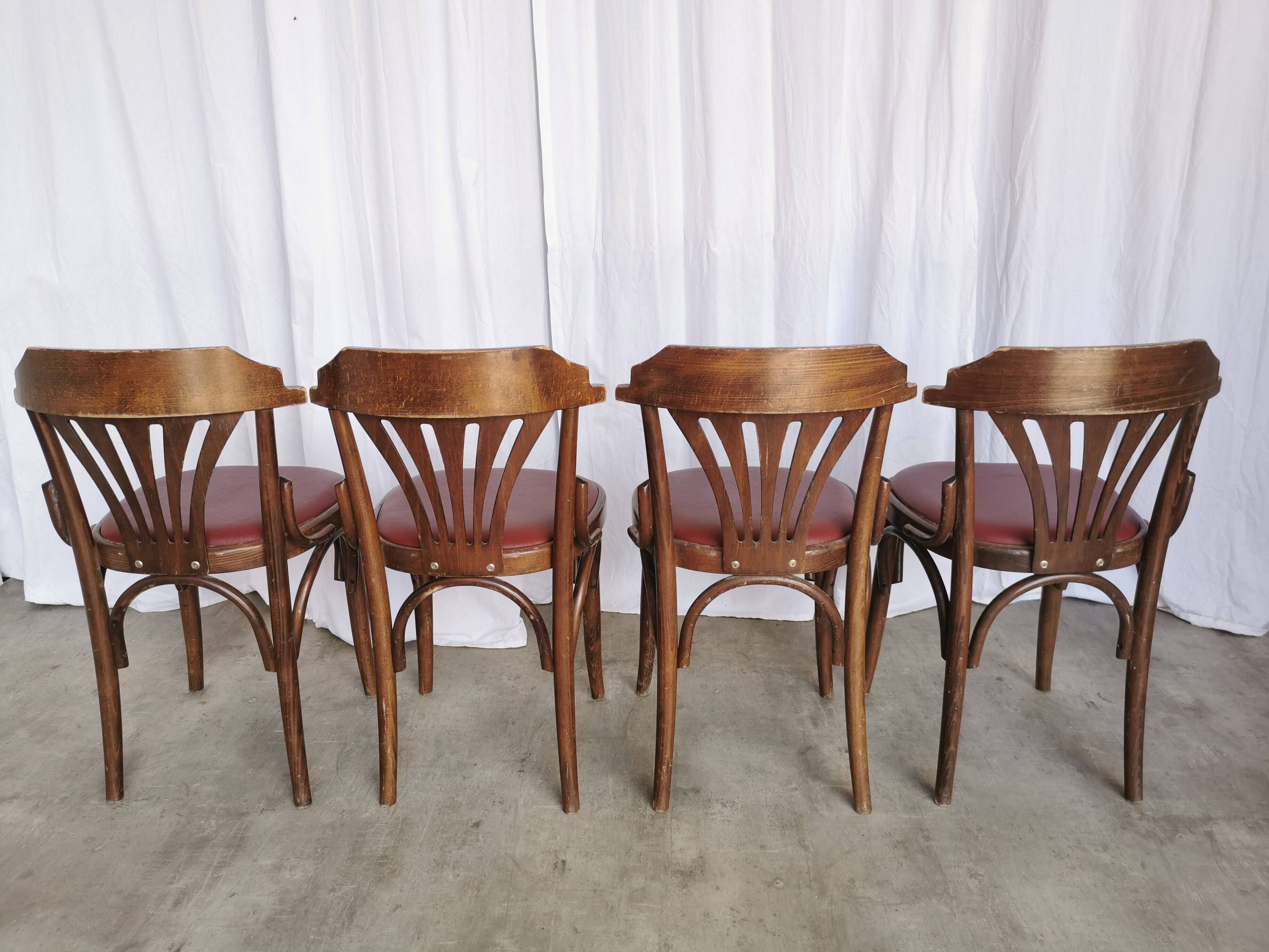Vintage Bentwood Dining Chairs - Thonet Style - Red Faux Leather - Set of 4