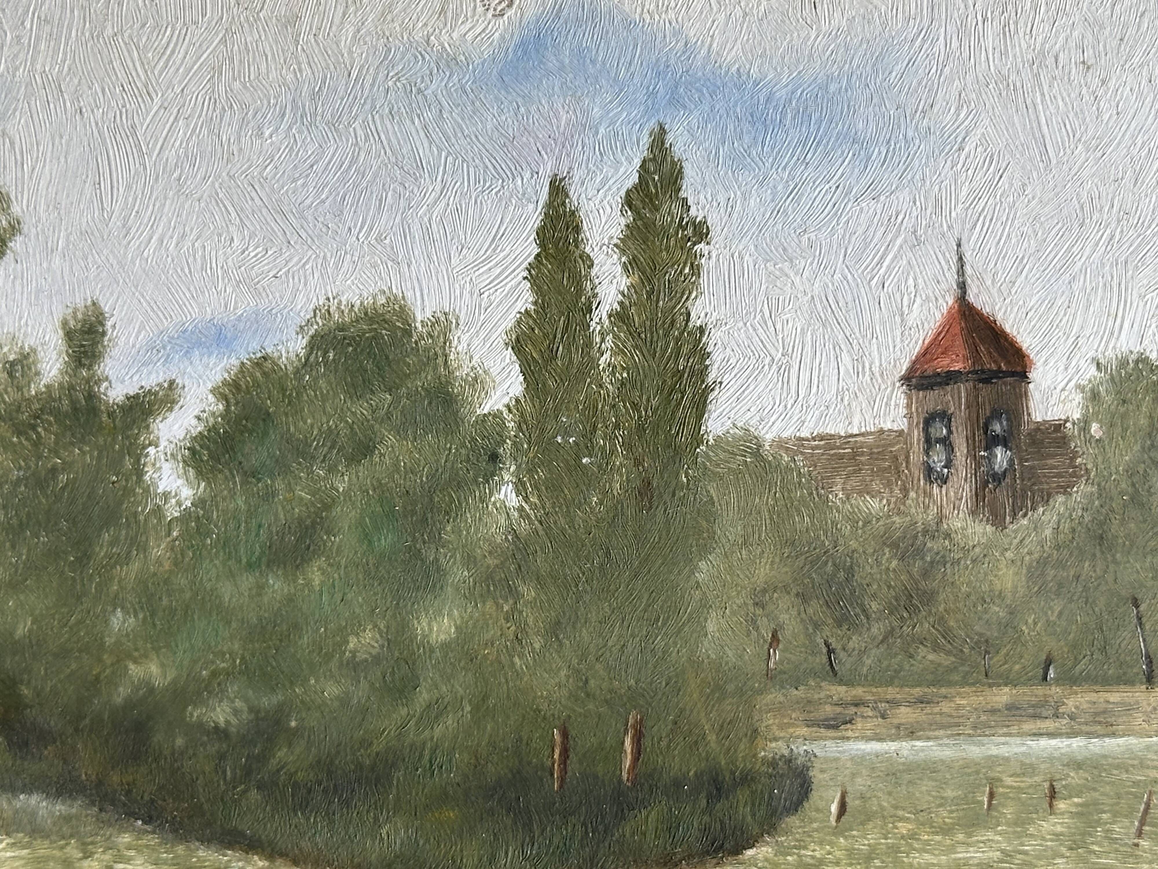 Antique miniature plateau, oil painting, turned wood and brass.