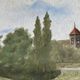 Antique miniature plateau, oil painting, turned wood and brass.