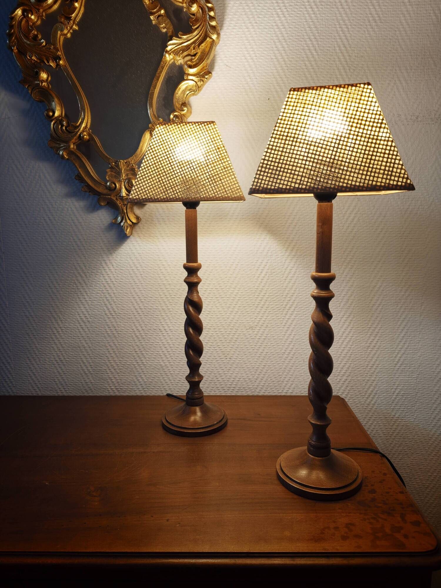Pair of tall turned wooden lamps