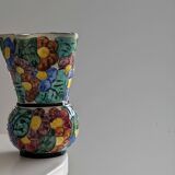 Multicolored Vallauris vase in polychrome earthenware with bas-relief decoration of colored flowers