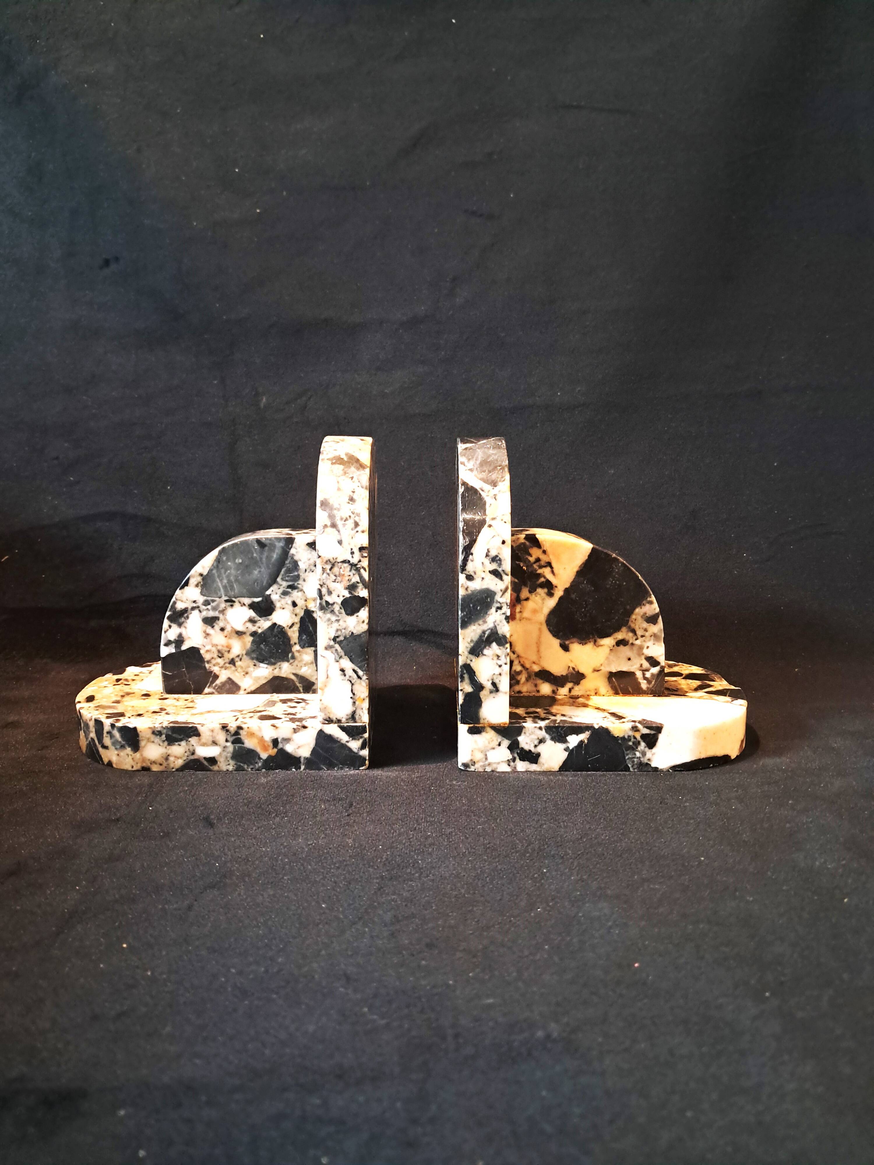 Pair of Art Deco Bookends in Black and White Breccia Marble