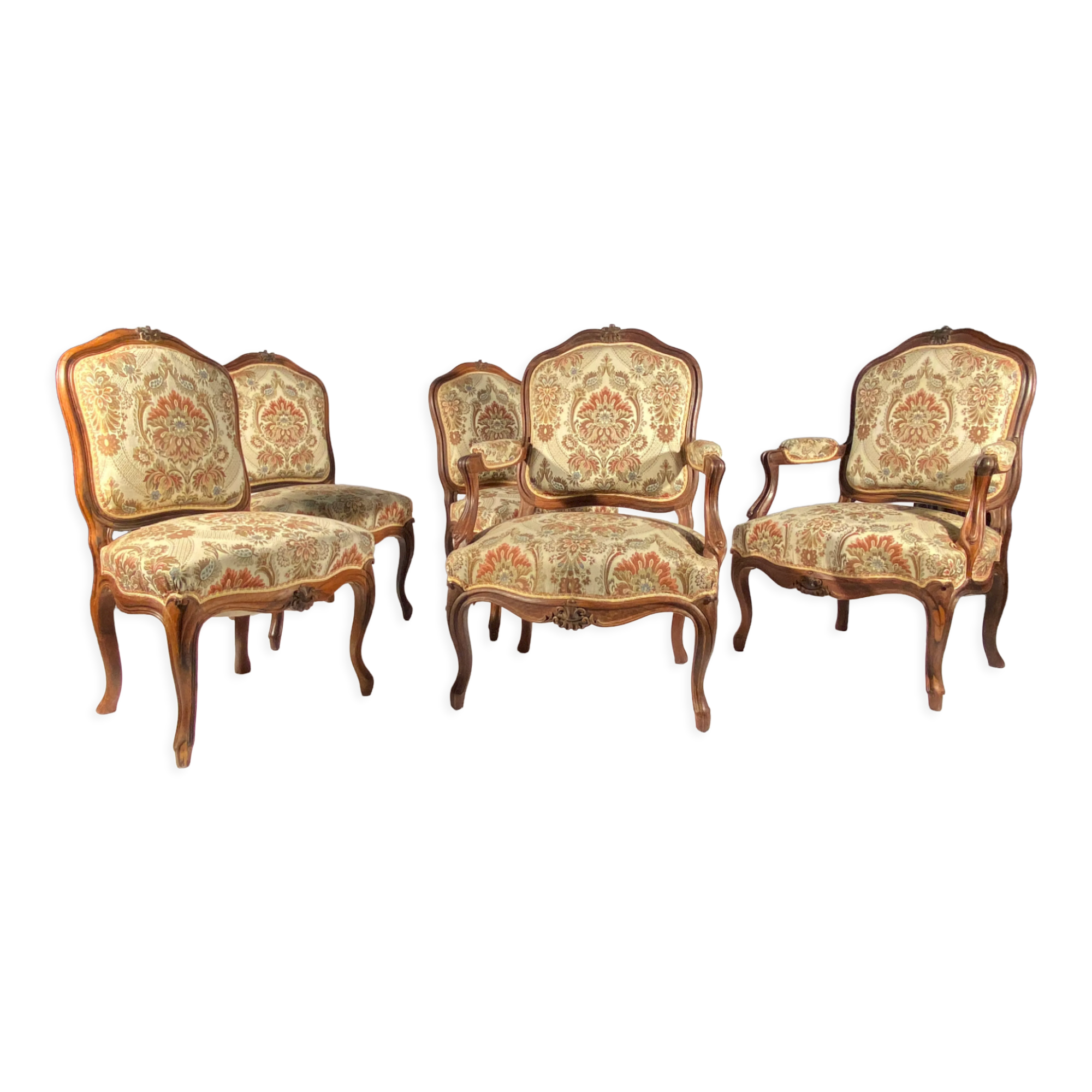 Louis XV style living room including a pair of armchairs and three chairs